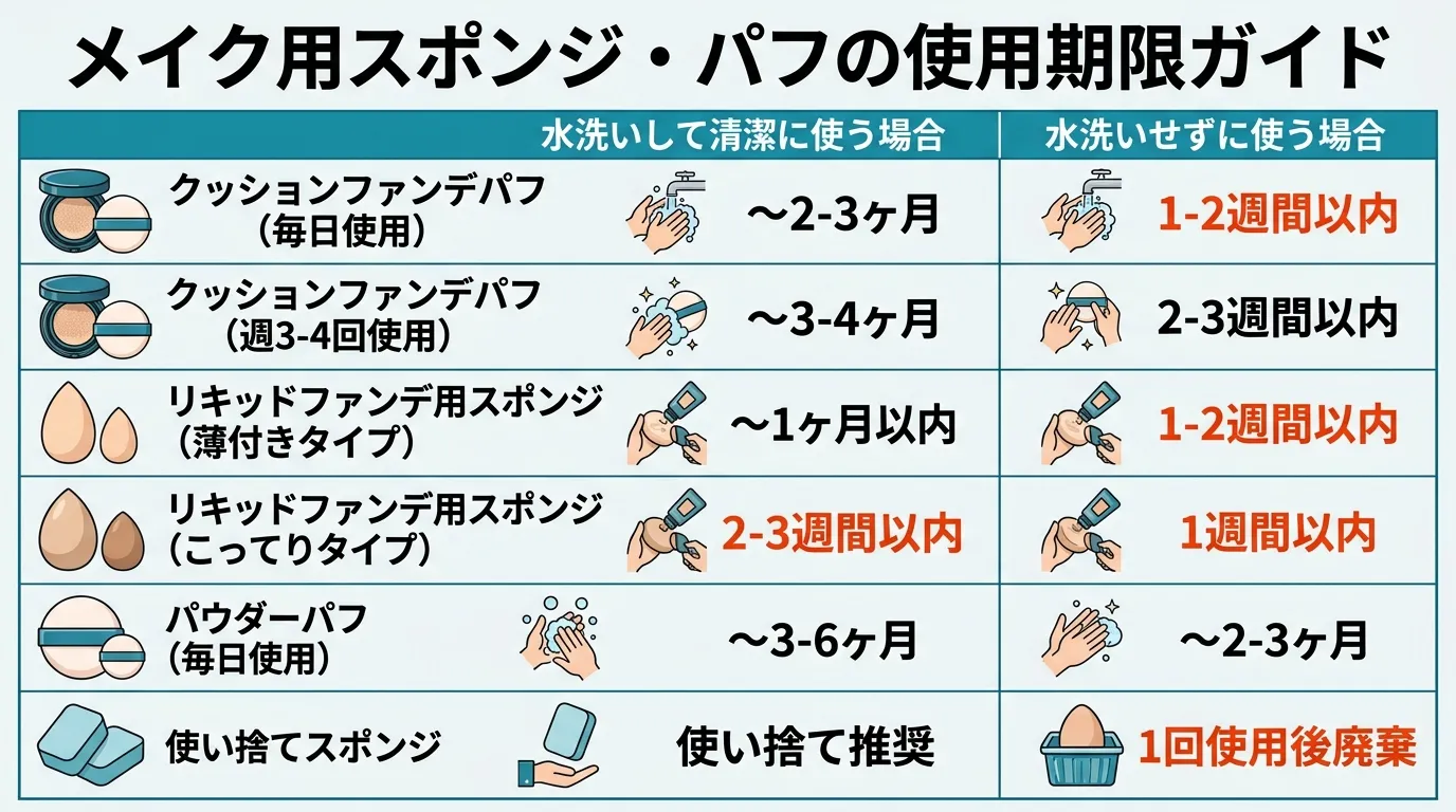 メイクスポンジ・パフの種類別使用期限の目安早見表