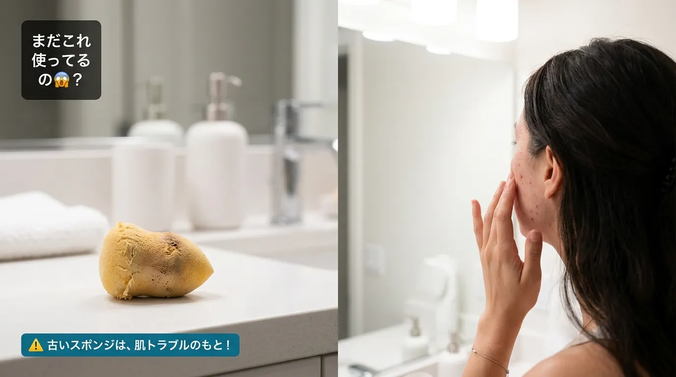 古いメイクスポンジを使い続けて頬の肌荒れに気づいた女性の手元