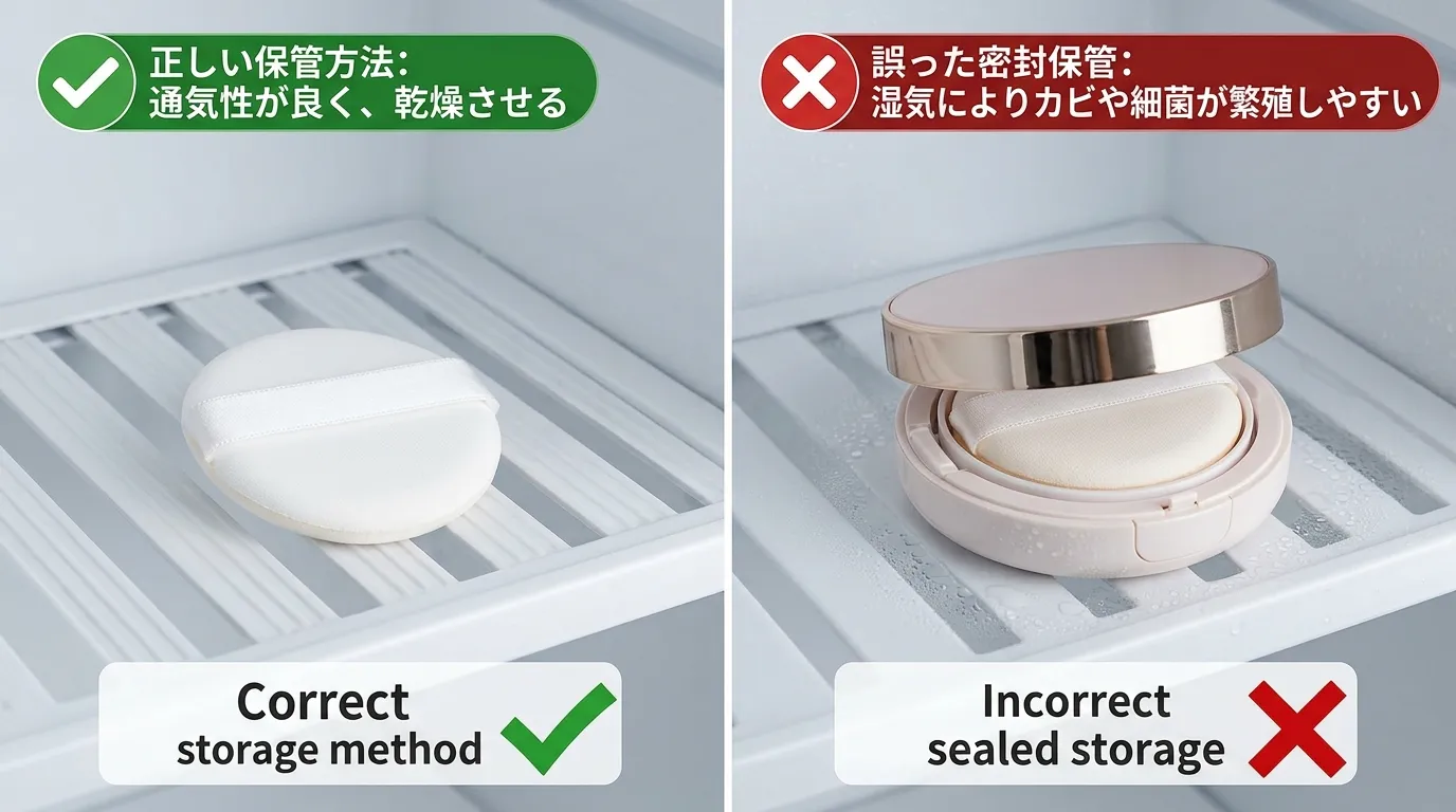 メイクスポンジの正しい保管方法と密閉ケース保管のNG例を左右比較