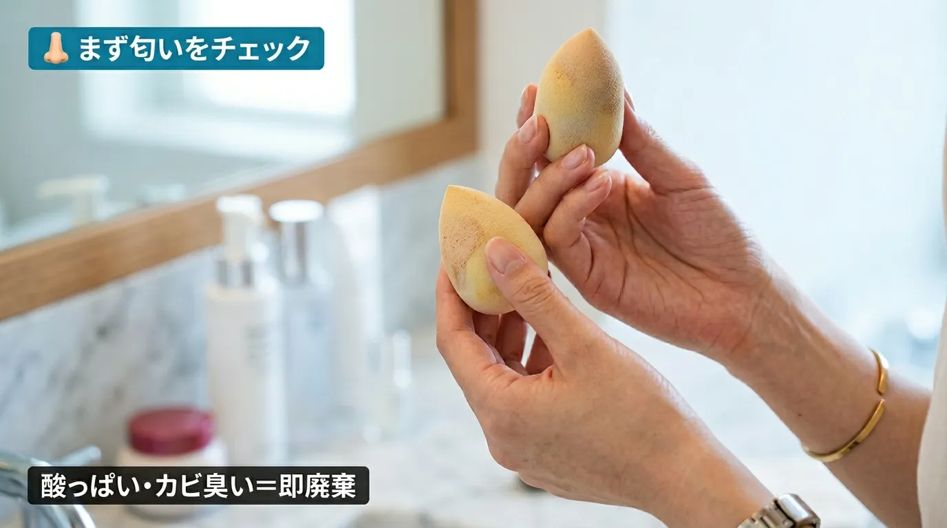 メイクスポンジのにおいを嗅いで劣化を確認する女性の手元