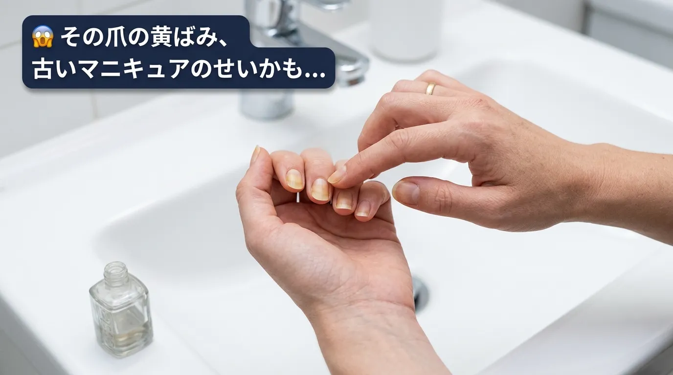 古いマニキュアで爪が黄ばんだ状態を確認する女性の手元クローズアップ