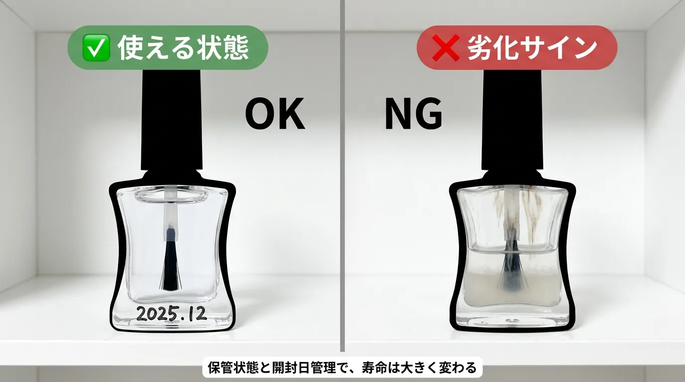 新鮮なマニキュアと劣化したマニキュアを左右に並べた使える状態と捨て時の比較写真