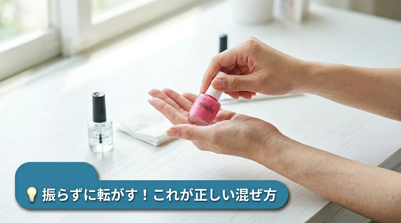 マニキュアボトルを両手で転がして正しく混ぜている手元のクローズアップ