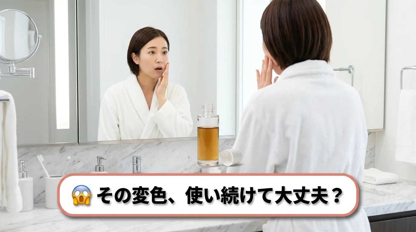 テクスチャーが変化したスキンケアボトルと頬に手を当てる女性の後ろ姿・劣化サインの例