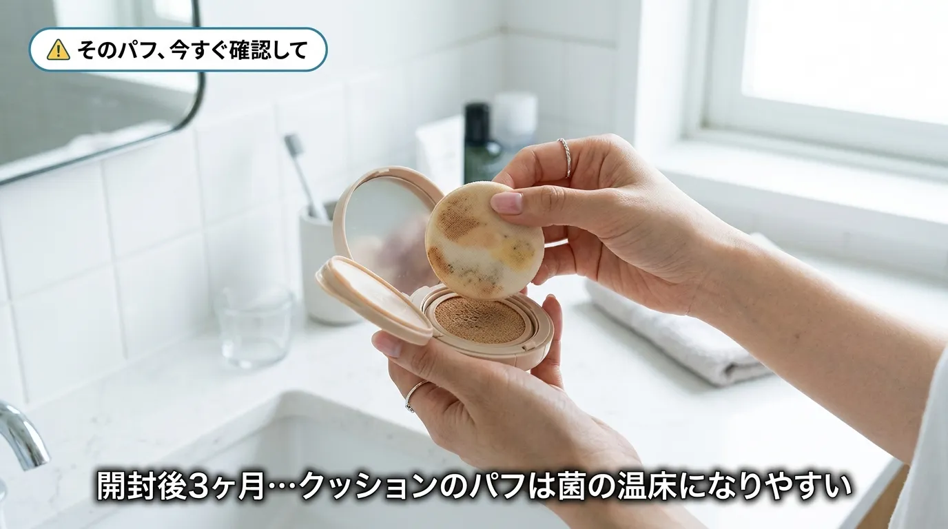 クッションBBクリームのパフに付いた黄ばみと劣化サインをクローズアップした画像