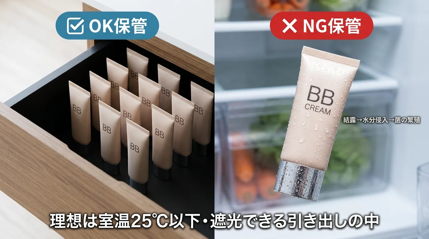 BBクリームの正しい保管（引き出し）と誤った保管（冷蔵庫・結露）の比較画像
