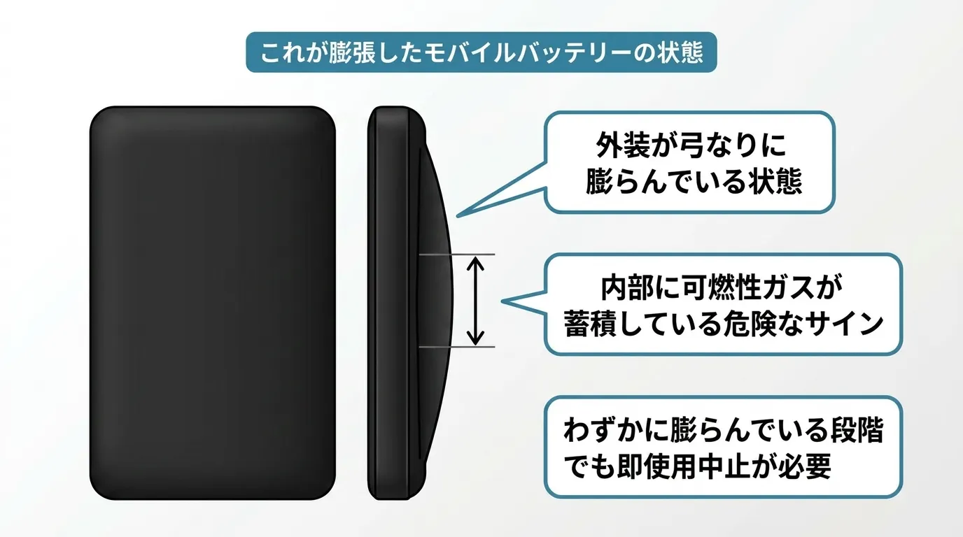 モバイルバッテリーが膨張している状態を側面から示した解説図