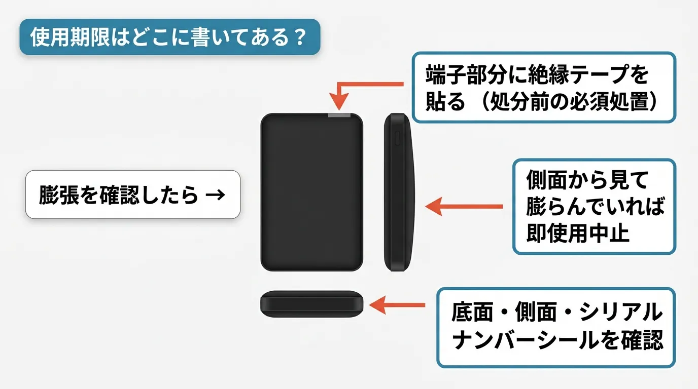 モバイルバッテリーの膨張確認箇所と処分前の絶縁処置を示した図解