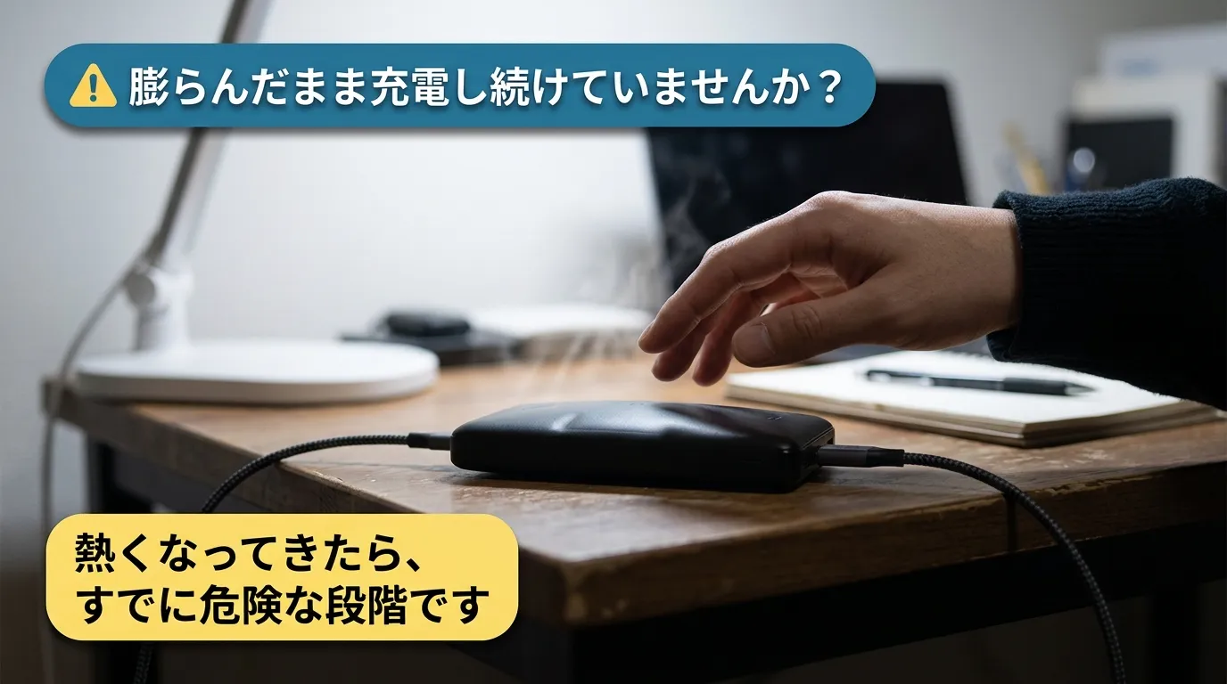 膨らんだモバイルバッテリーを充電し続けている危険な状況を表した写真