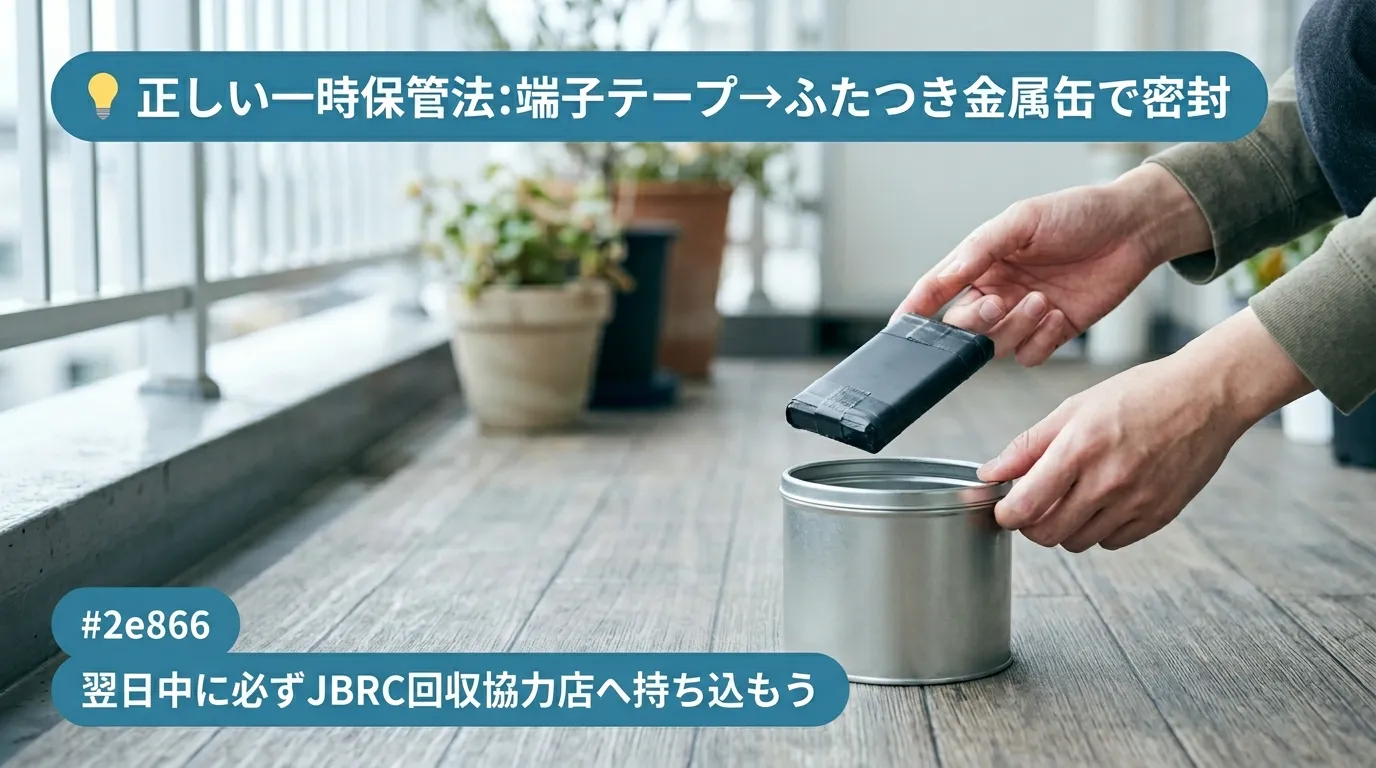 膨張したモバイルバッテリーを金属缶と砂で正しく一時保管している手元の写真