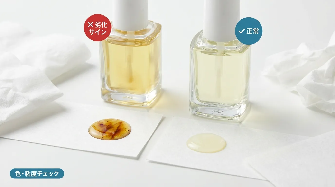 ネイルオイルの劣化サイン・変色したオイルと正常オイルの色比較クローズアップ