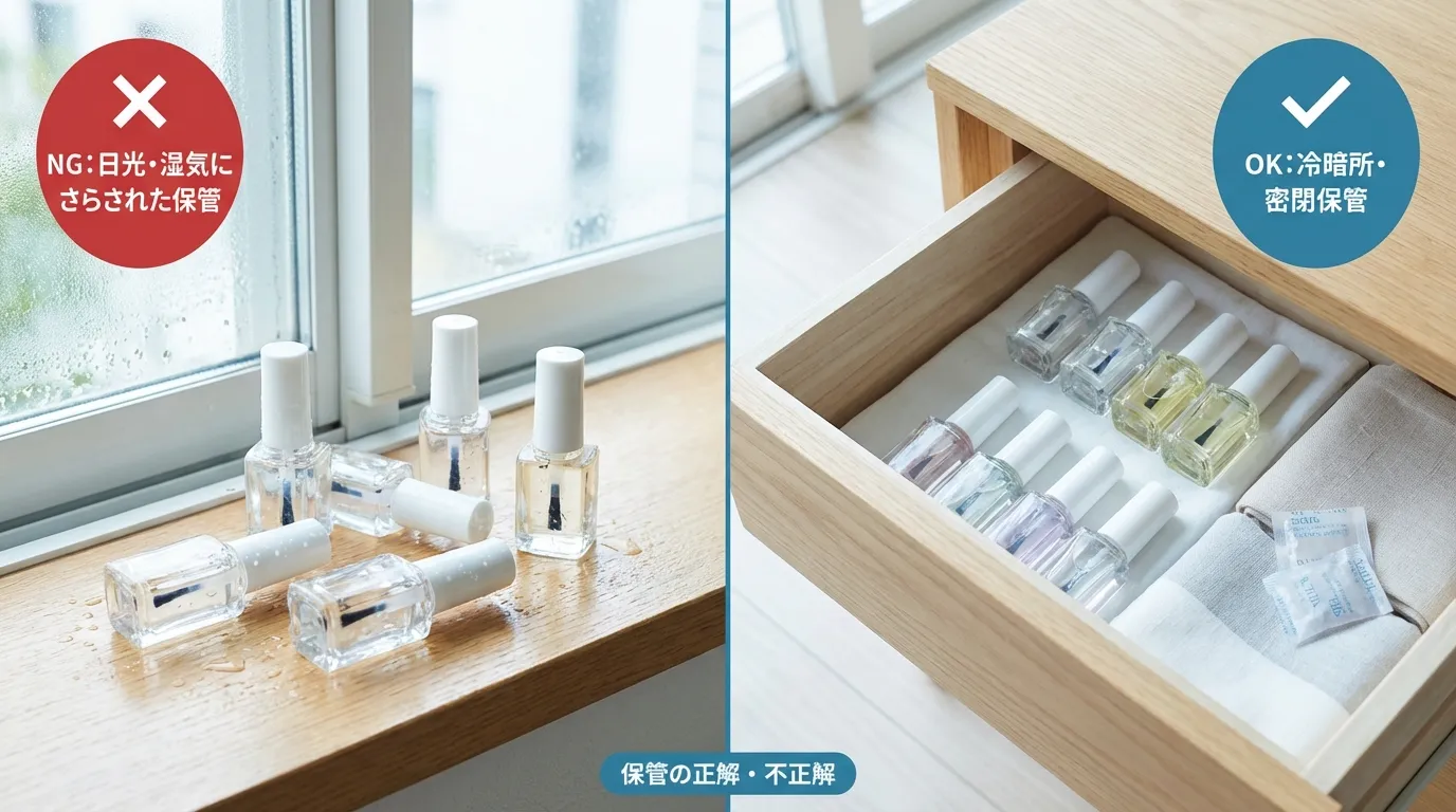 ネイルオイルの保管方法比較・日光当たる窓際NG対冷暗所引き出しOK
