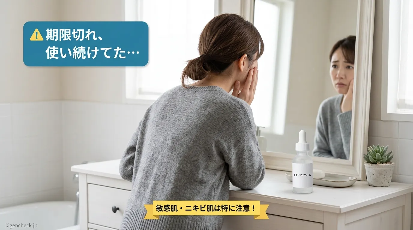 期限切れ化粧品を使い続けた後に鏡で肌を確認する女性の後ろ姿