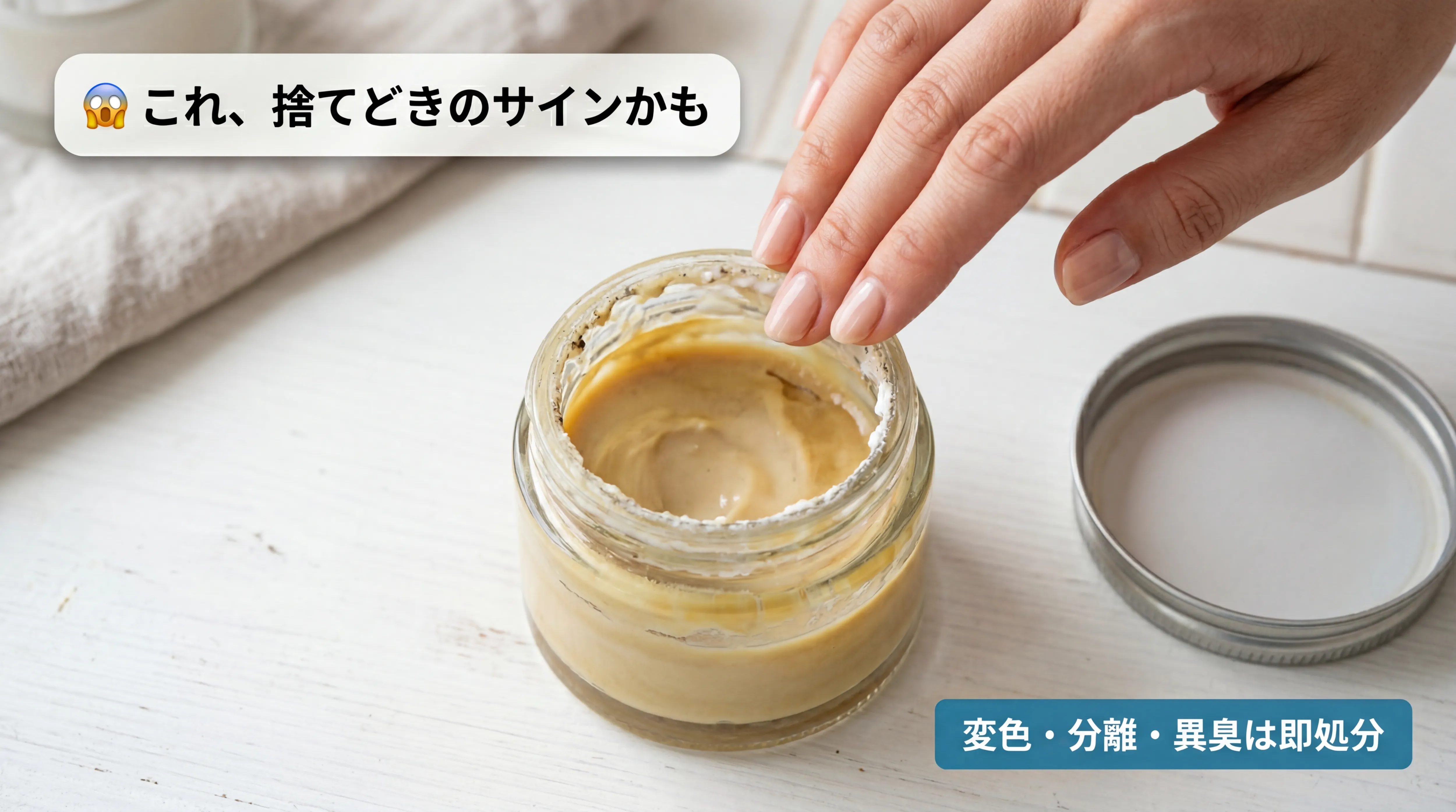 変色・沈殿物が見られる乳液容器の接写と捨てどきのサイン