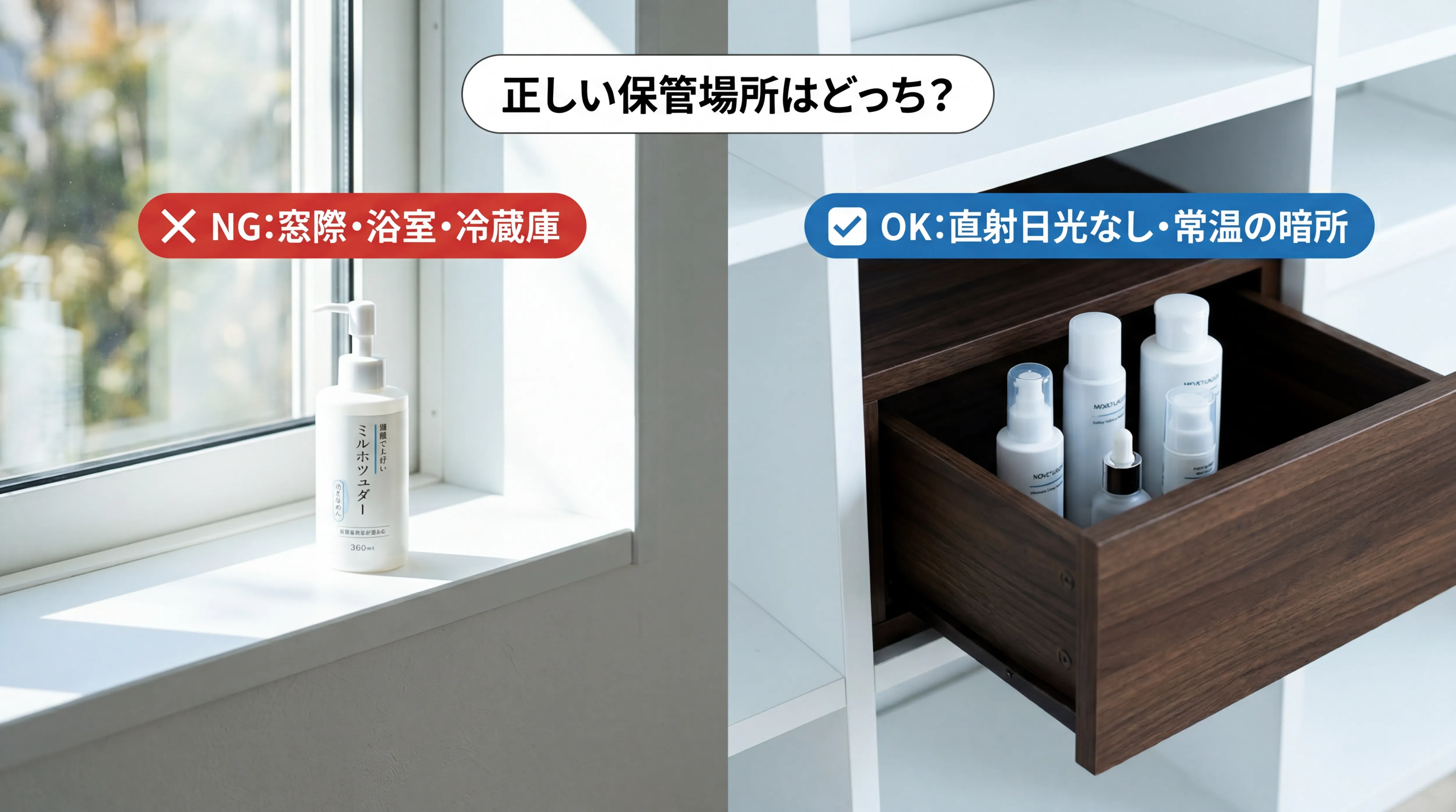 窓際NG保管と引き出しOK保管の乳液比較写真