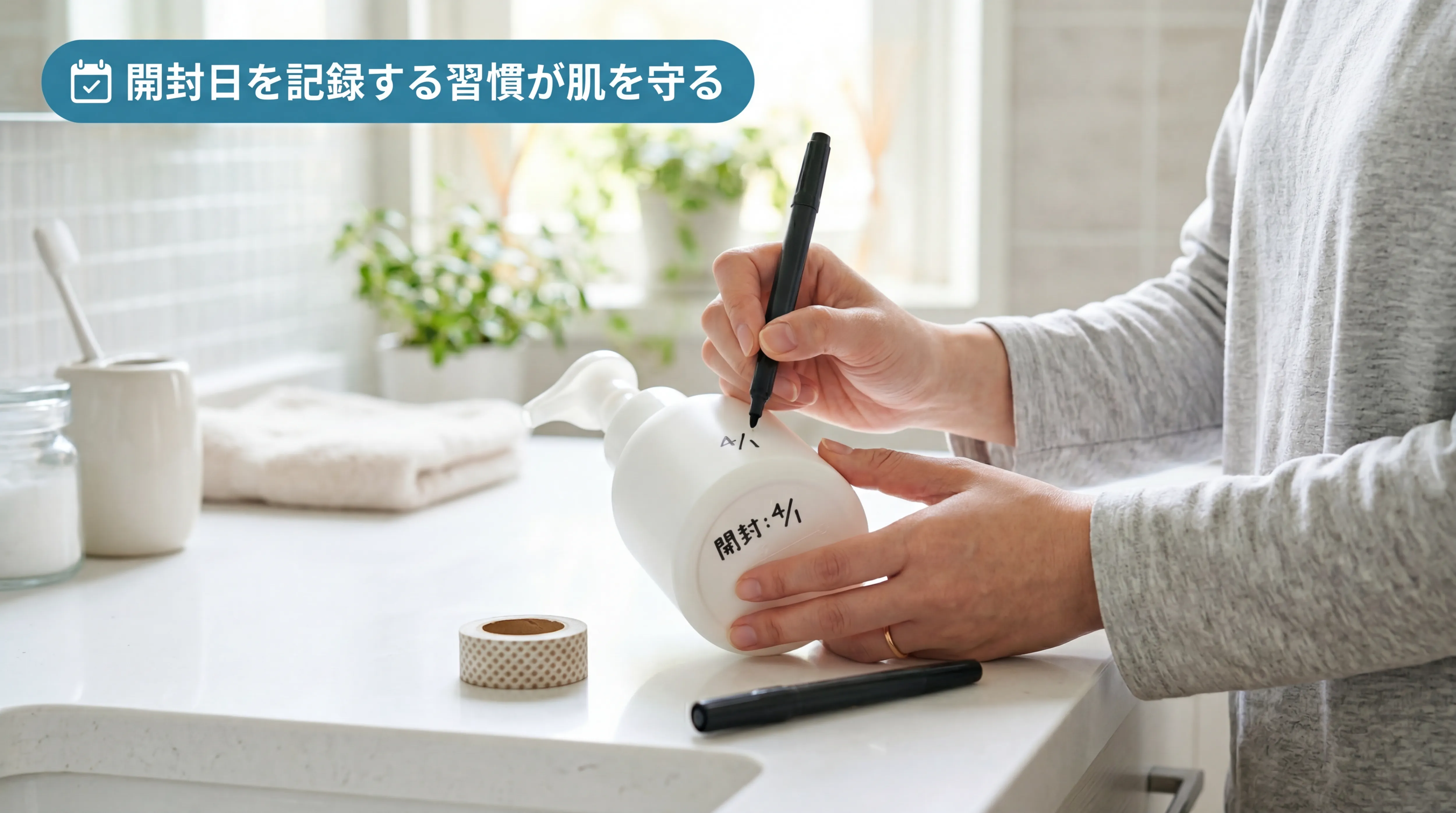 乳液ボトルの底に油性マーカーで開封日を書き込む手元の写真
