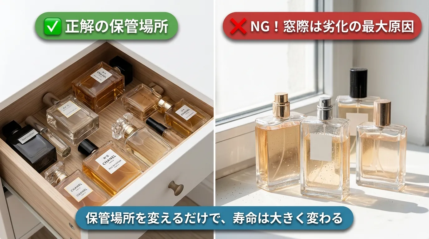 香水を直射日光や高温多湿を避けて保管するイメージ