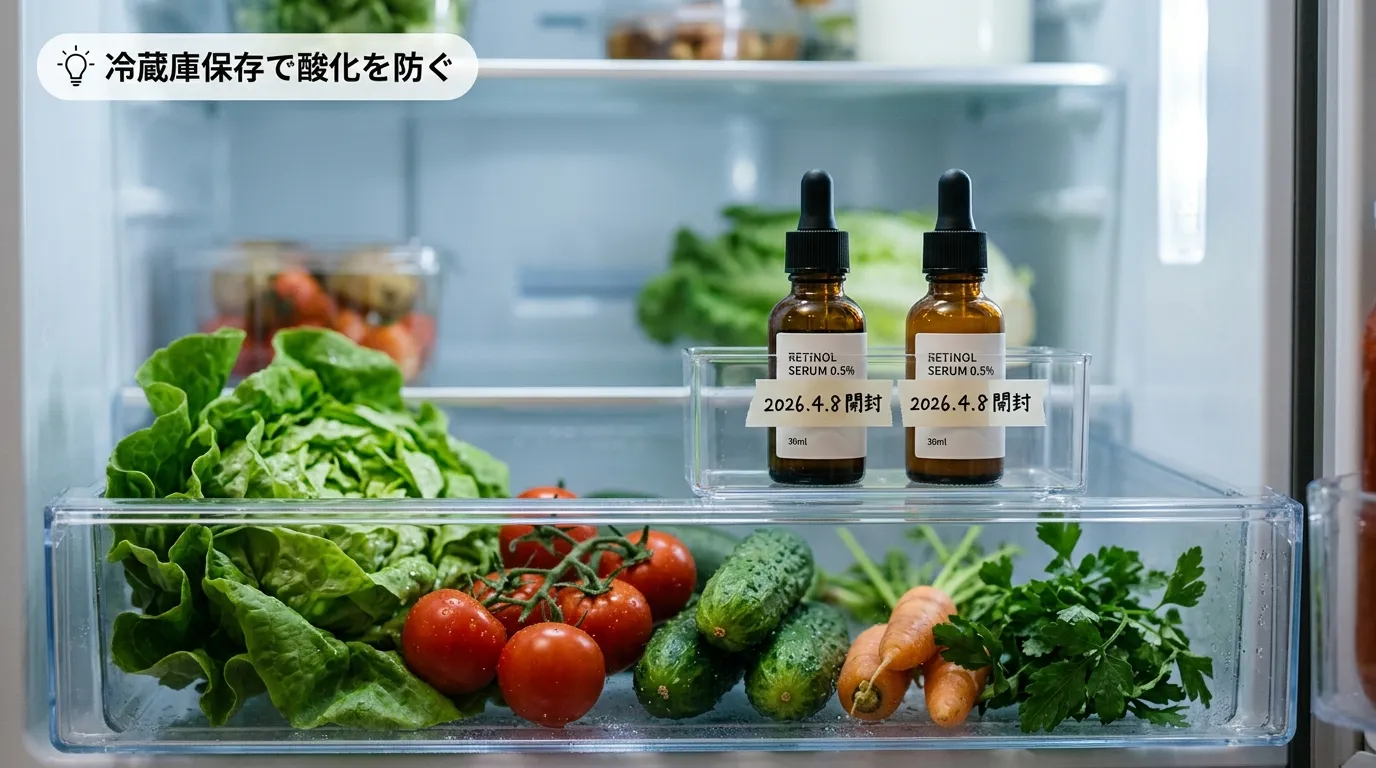 冷蔵庫の野菜室でレチノール美容液を保管している様子