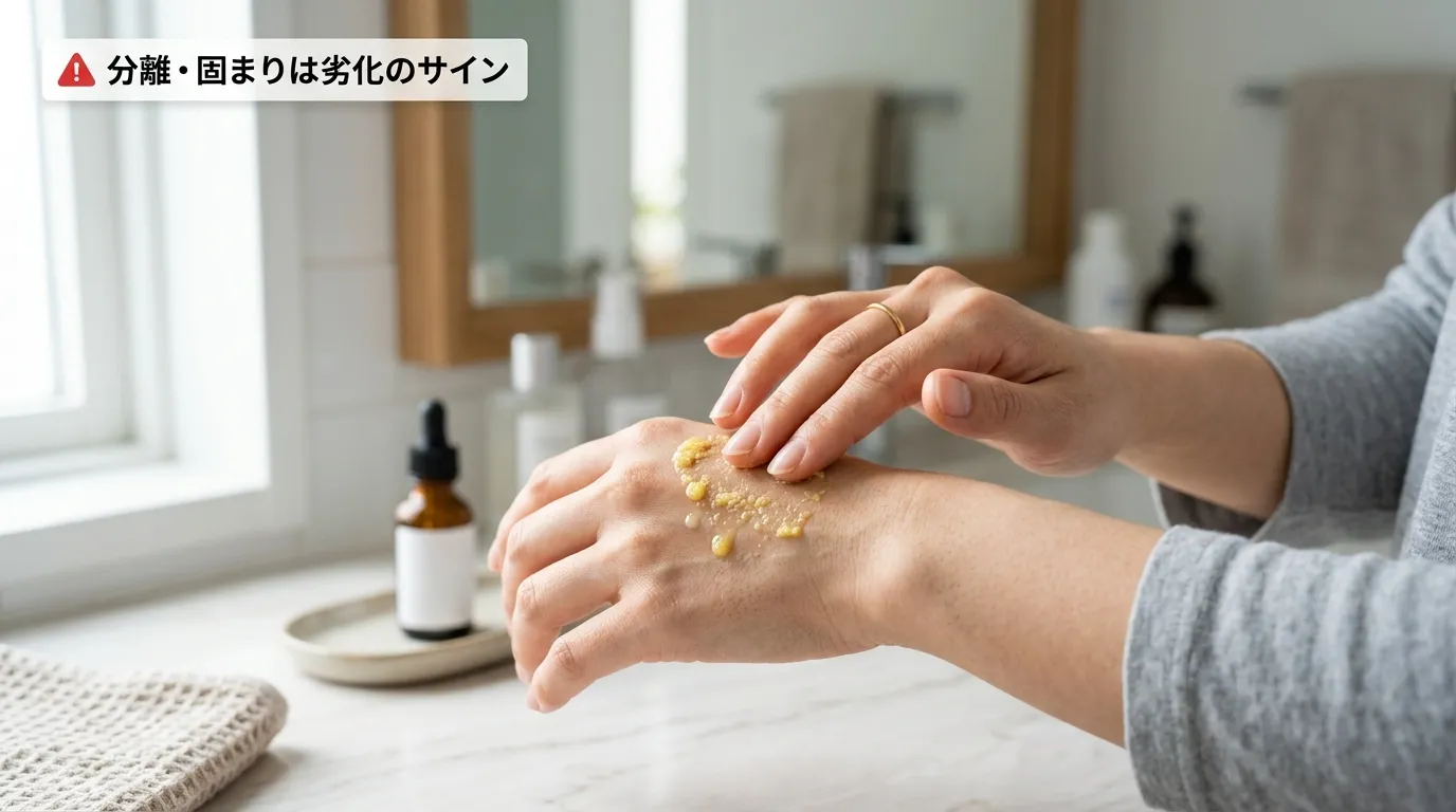 手の甲でレチノール美容液のテクスチャーを確認する手元