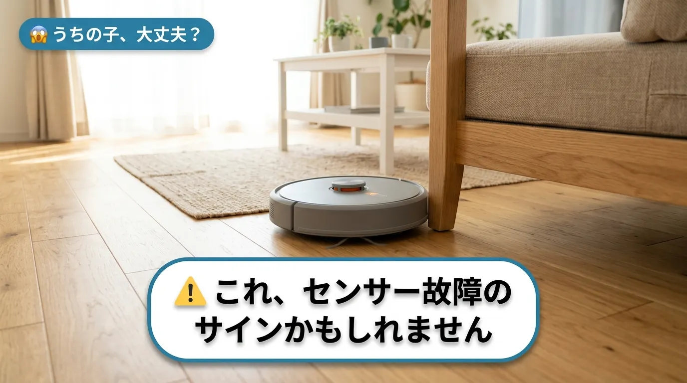 ロボット掃除機がソファ脚に繰り返しぶつかるセンサー故障の劣化症状シーン