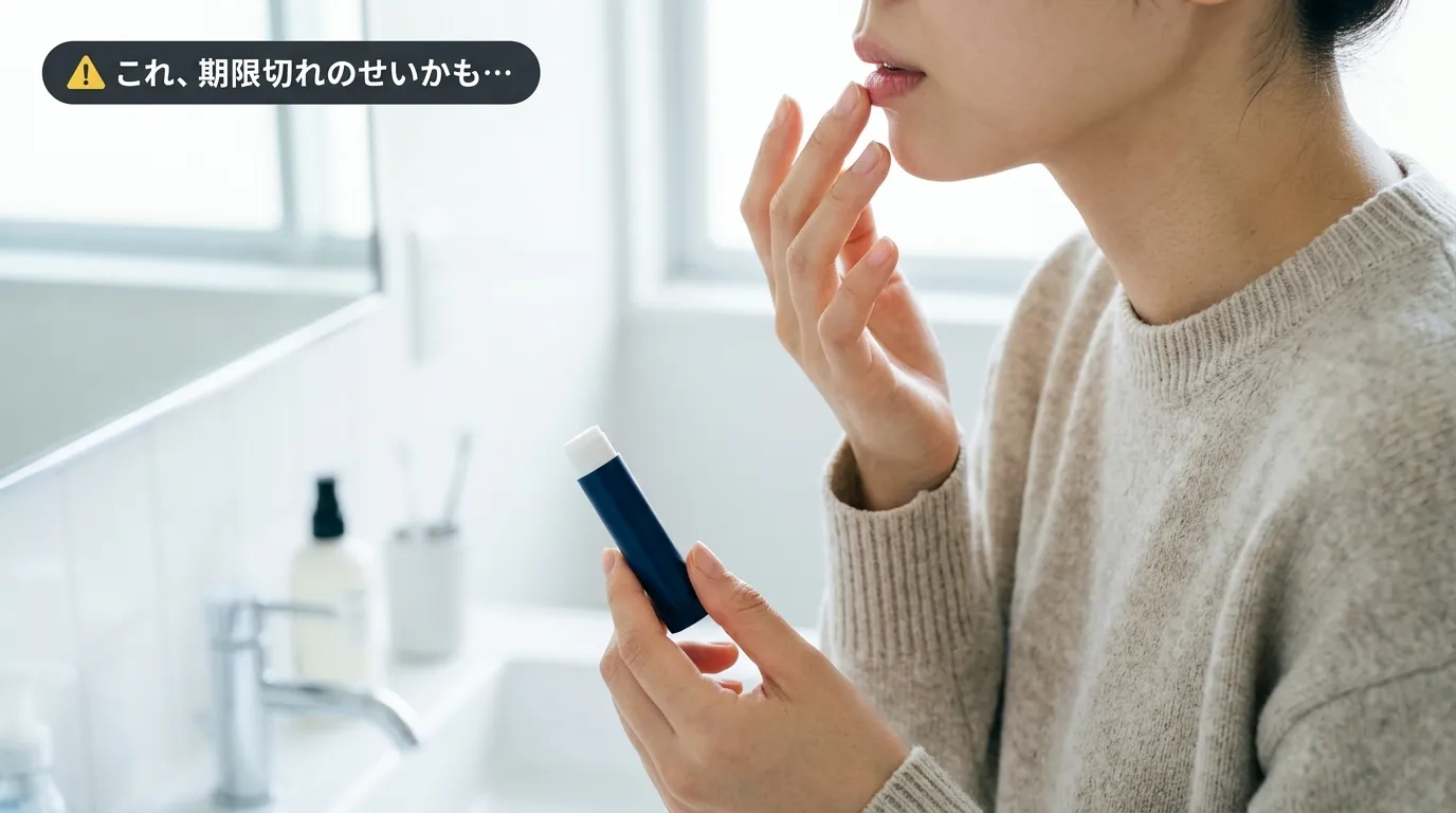 期限切れティントを使用して唇に異変を感じ鏡の前で手を止めた女性の手元