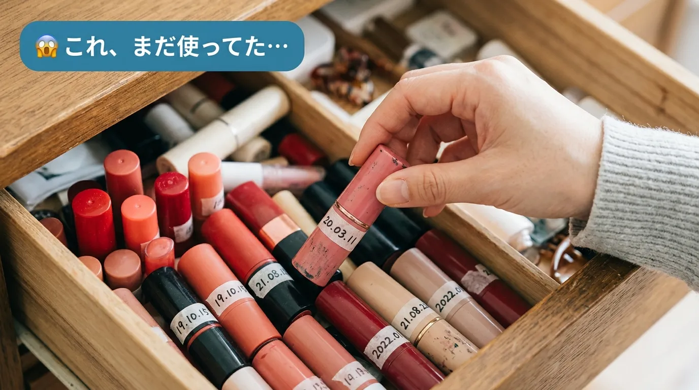 引き出しの奥に眠る複数の使いかけリップティントを取り出す女性の手元