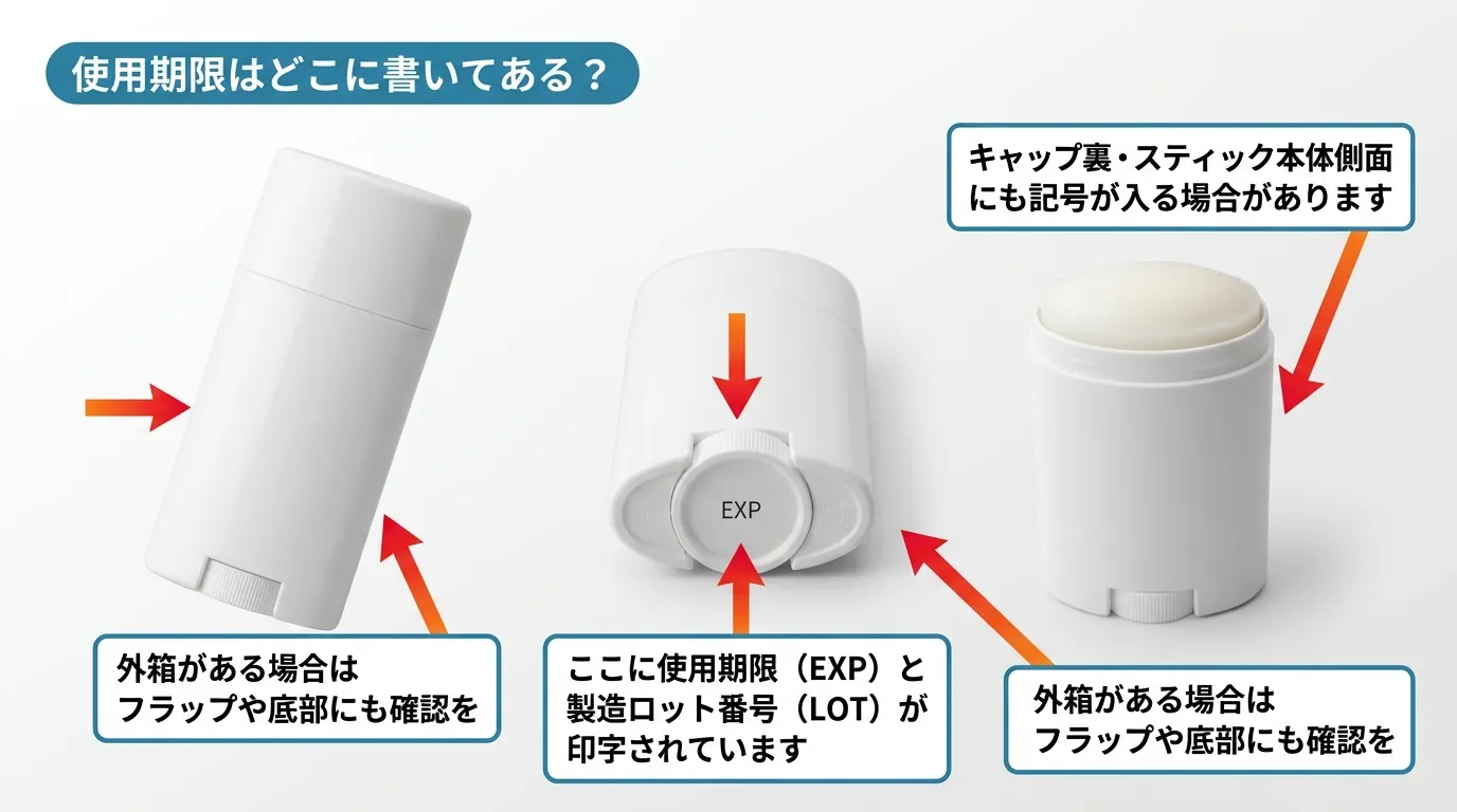 制汗スティック容器の底面・側面・キャップ裏に使用期限が書かれている場所を矢印で示した解説図