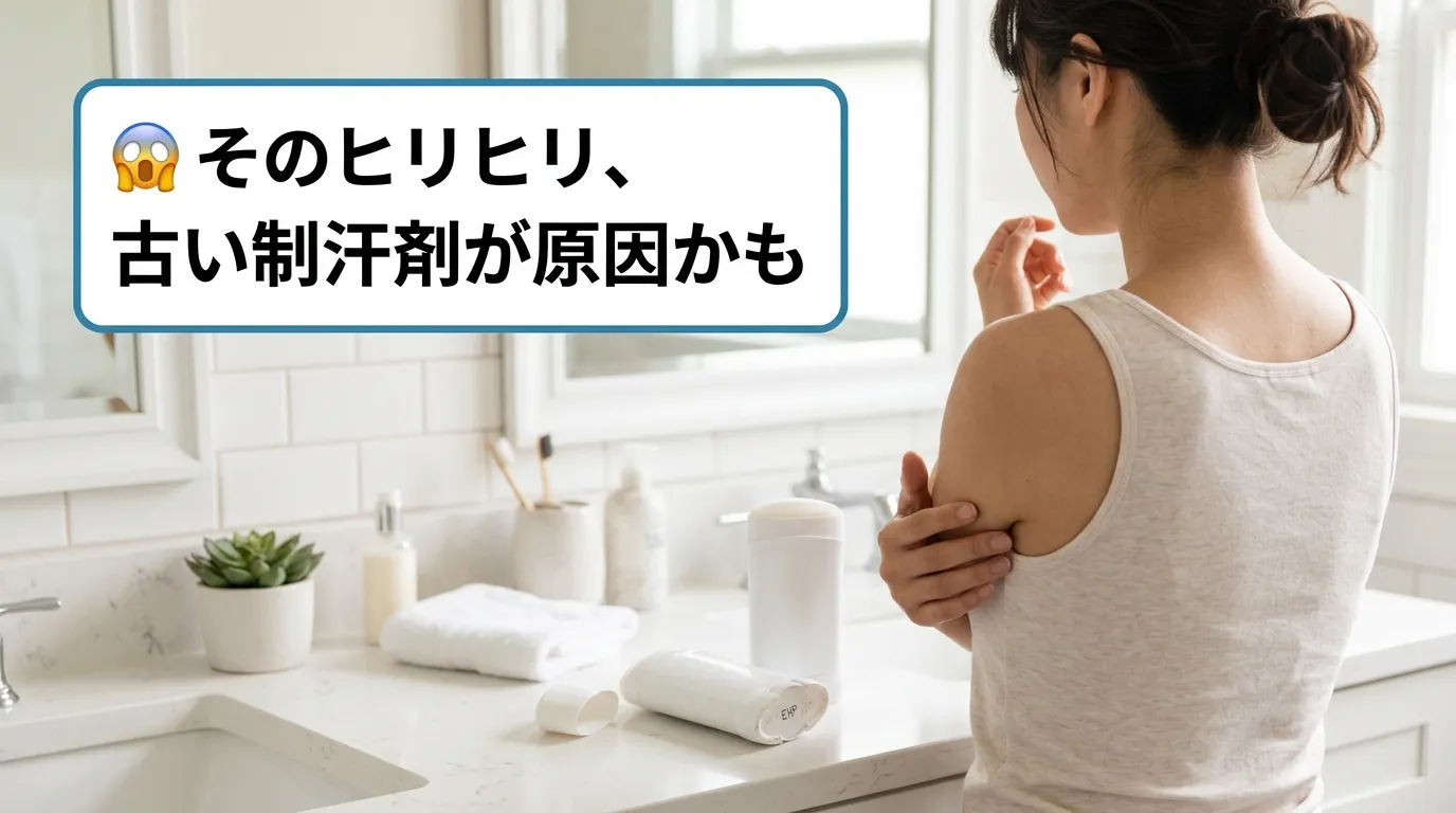 古い制汗剤を使ってワキにヒリヒリ感を覚えた女性の後ろ姿と警告ラベル