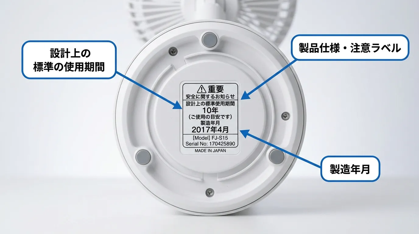 扇風機底面の設計上の標準使用期間シールの見方を解説した画像