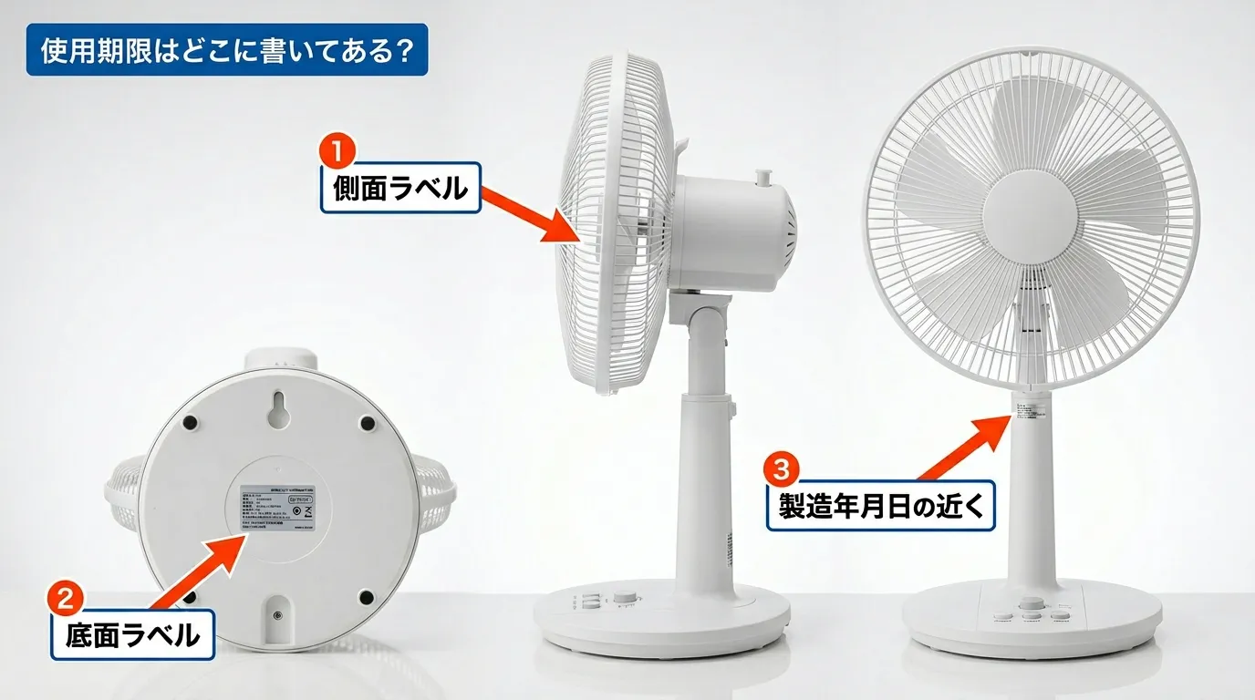 扇風機の底面・背面に貼られた使用期限シールの場所を矢印で示した解説図