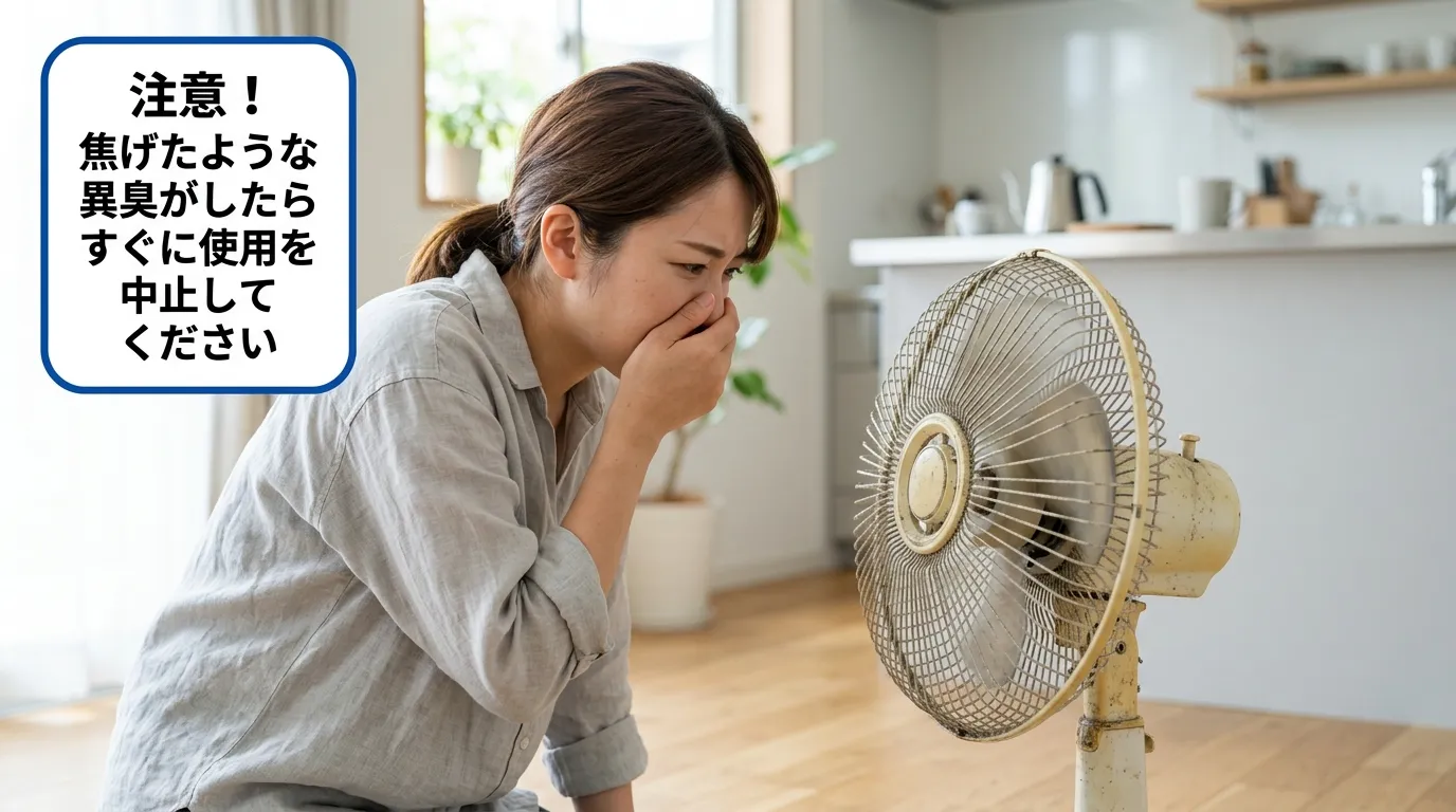扇風機の焦げ臭いにおいに気づいた女性が鼻に手を当てて眉をひそめているシーン