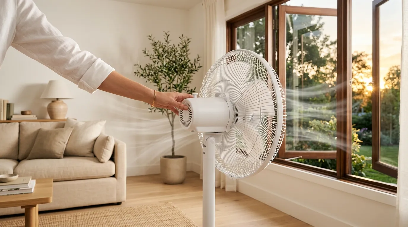 扇風機を窓に向けて排気し帰宅直後の熱気を素早く換気する活用法を示した画像
