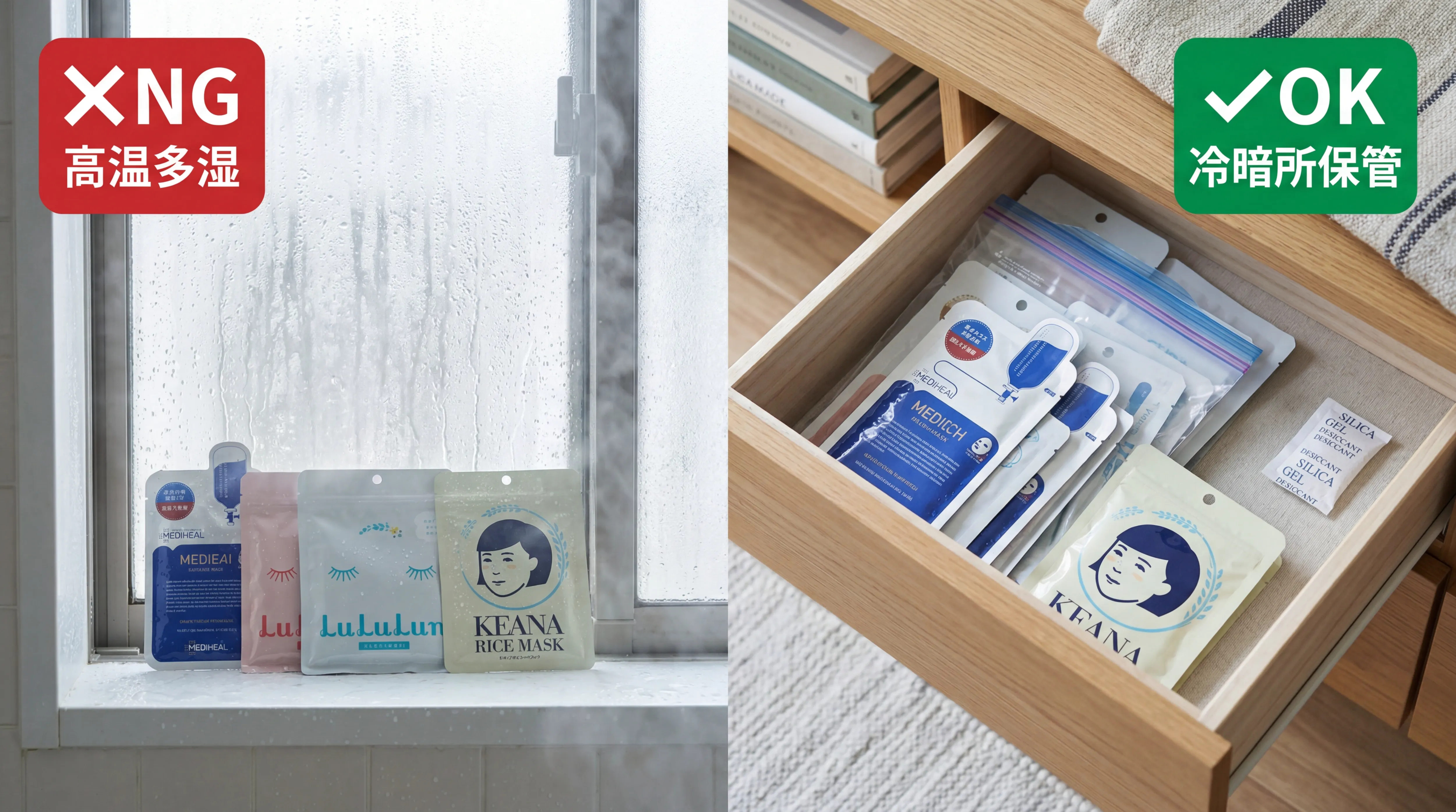 シートマスクのNG保管とOK保管を比較した写真