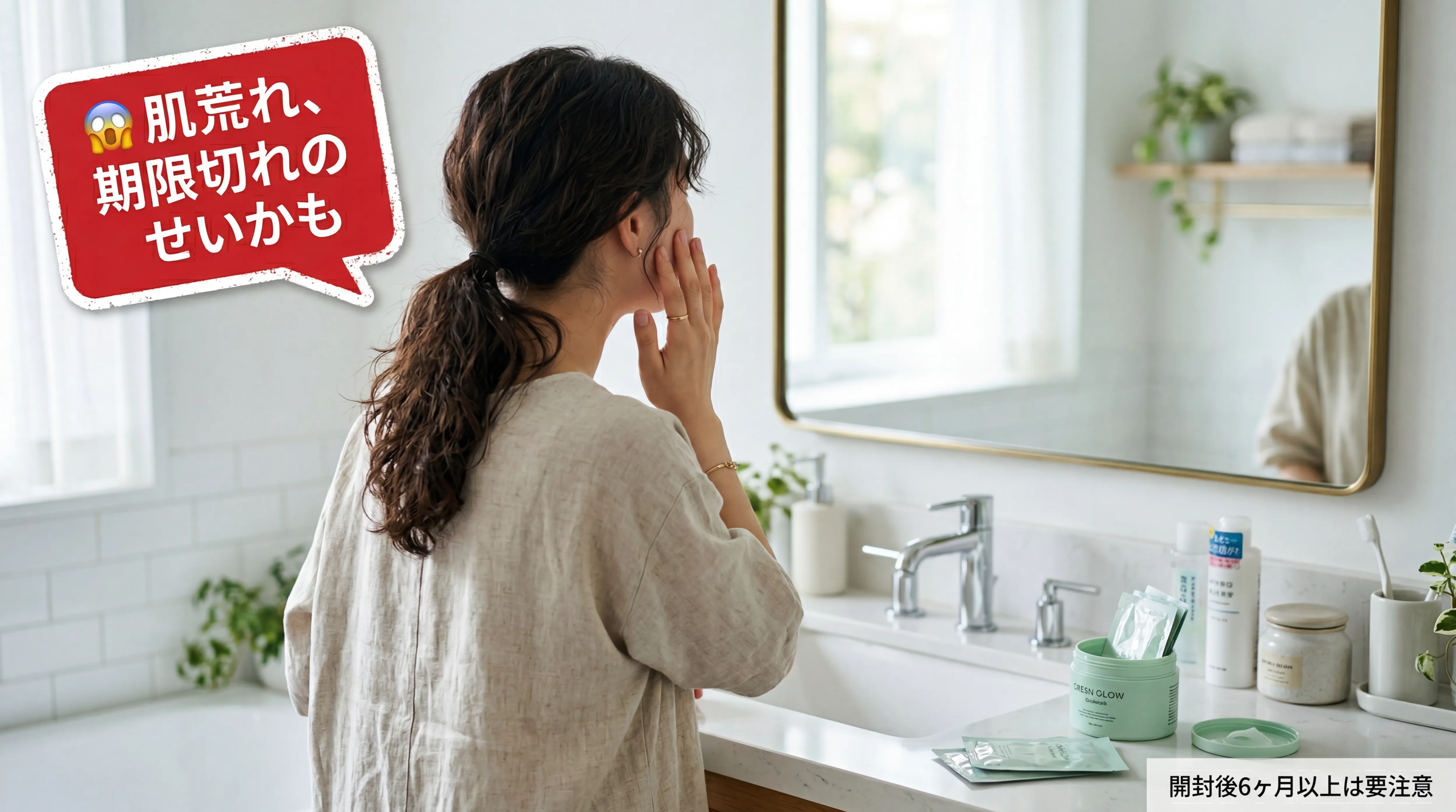 期限切れマスク使用後の肌トラブルに気づく女性の後ろ姿