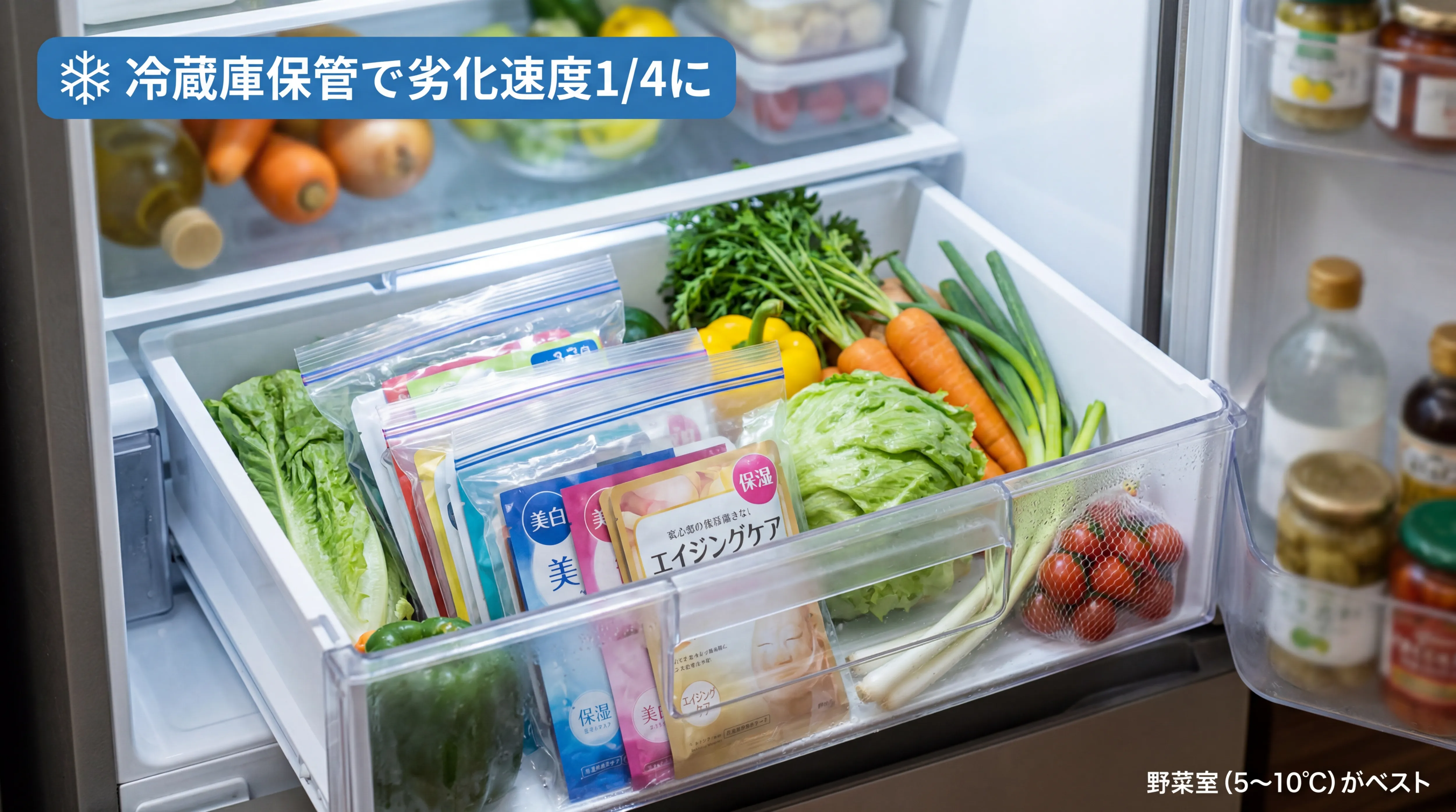 冷蔵庫野菜室でジップロック保管されたシートマスク