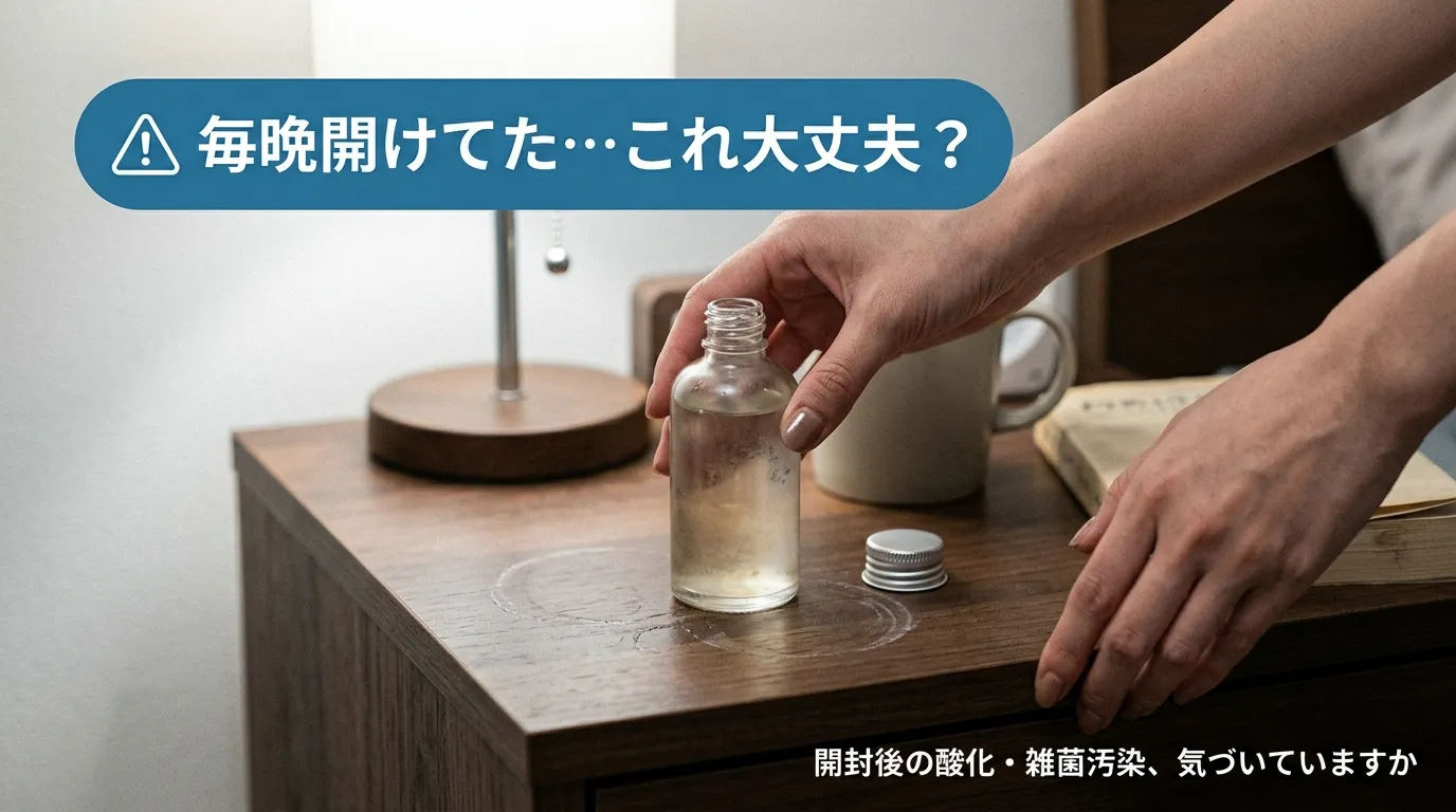 キャップを開けたまま放置された劣化スキンケアボトルの手元クローズアップ