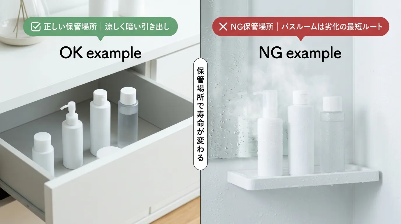 スキンケアの正しい保管場所（引き出し）とNGな保管場所（バスルーム）の比較