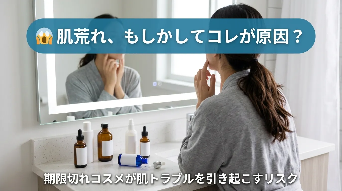 洗面台の鏡の前で頬に手を当てる女性の後ろ姿・期限切れコスメによる肌トラブル