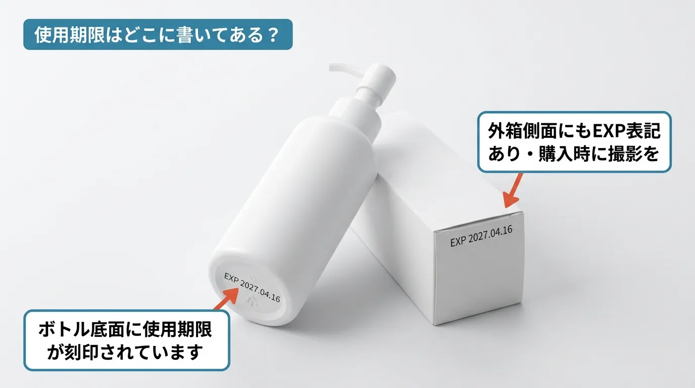サムバイミーのボトル底面と外箱側面の使用期限記載場所を矢印で図解