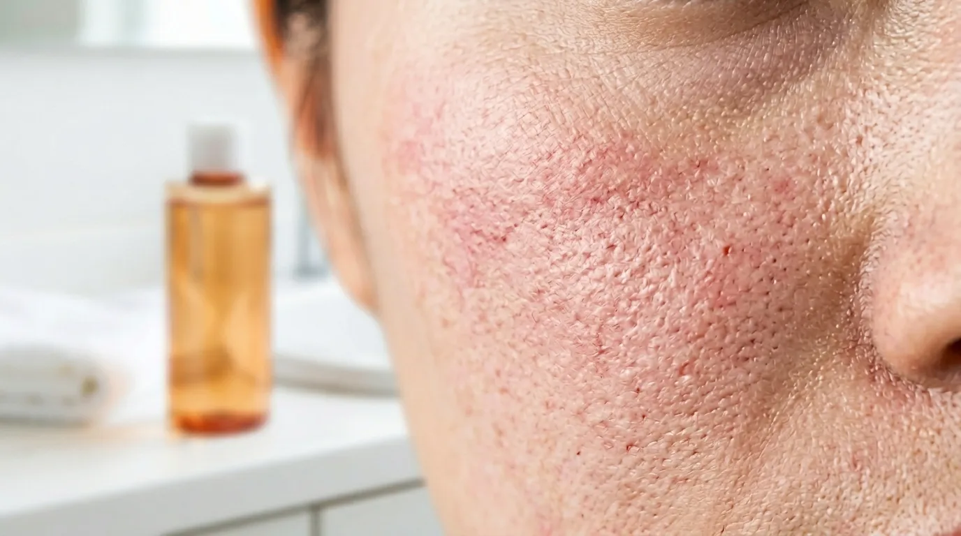 オレンジ色に変色したビタミンCトナーを使おうとしてためらう女性の手元