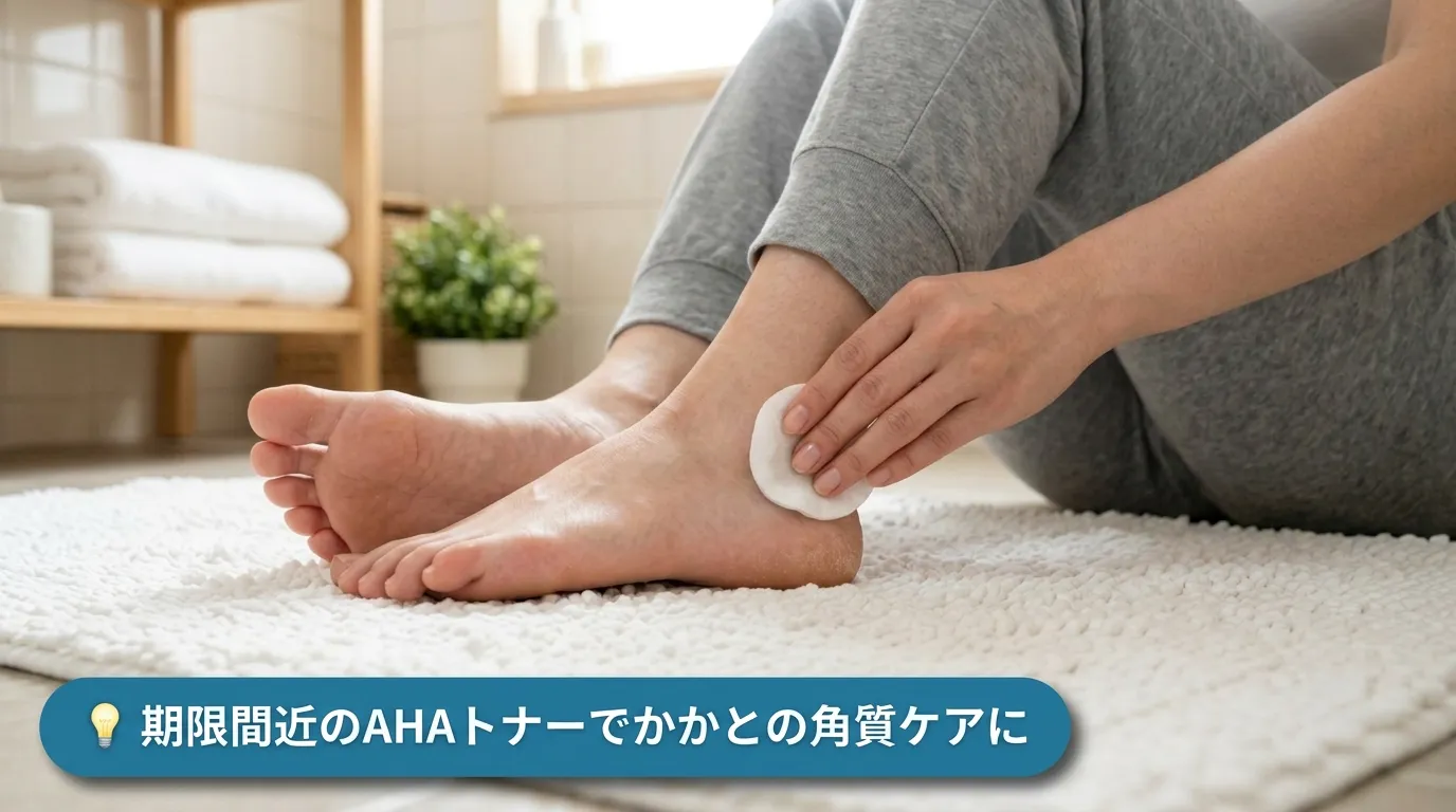 期限間近のAHAトナーをコットンに含ませて鏡の水垢を拭き取る女性の手元