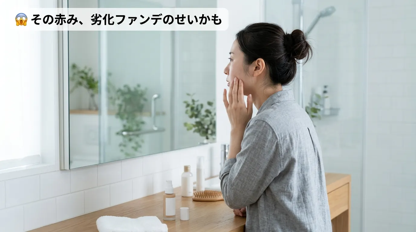 劣化したV3ファンデーションで肌が赤くなった可能性に気づく女性のシーン