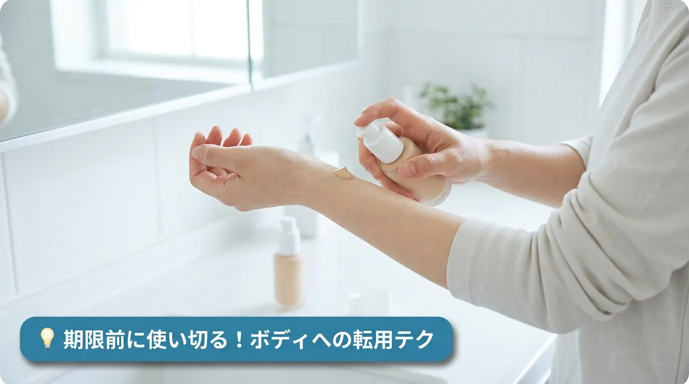 期限が近いV3ファンデーションを腕・脚のボディケアに転用している手元の様子