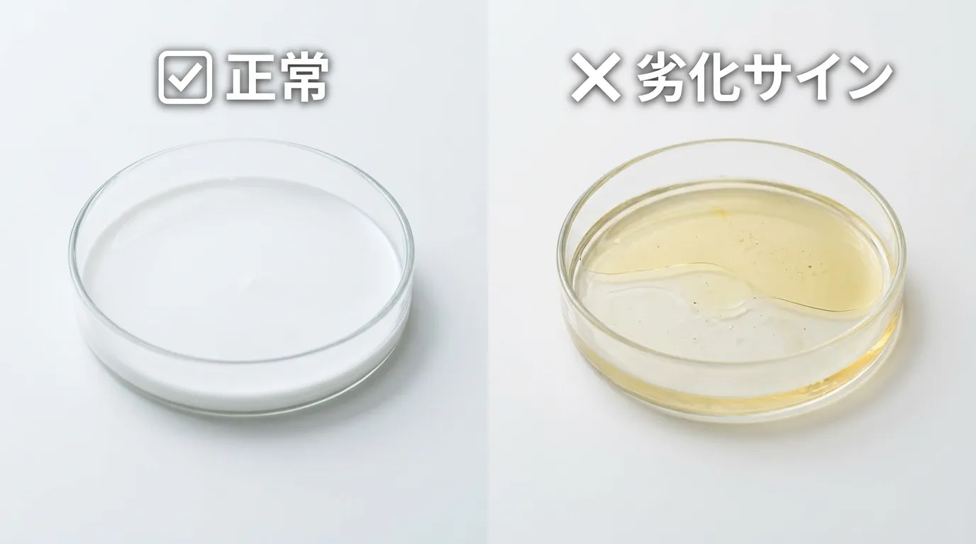 正常な日焼け止めと、分離・変色した劣化した日焼け止めの比較写真