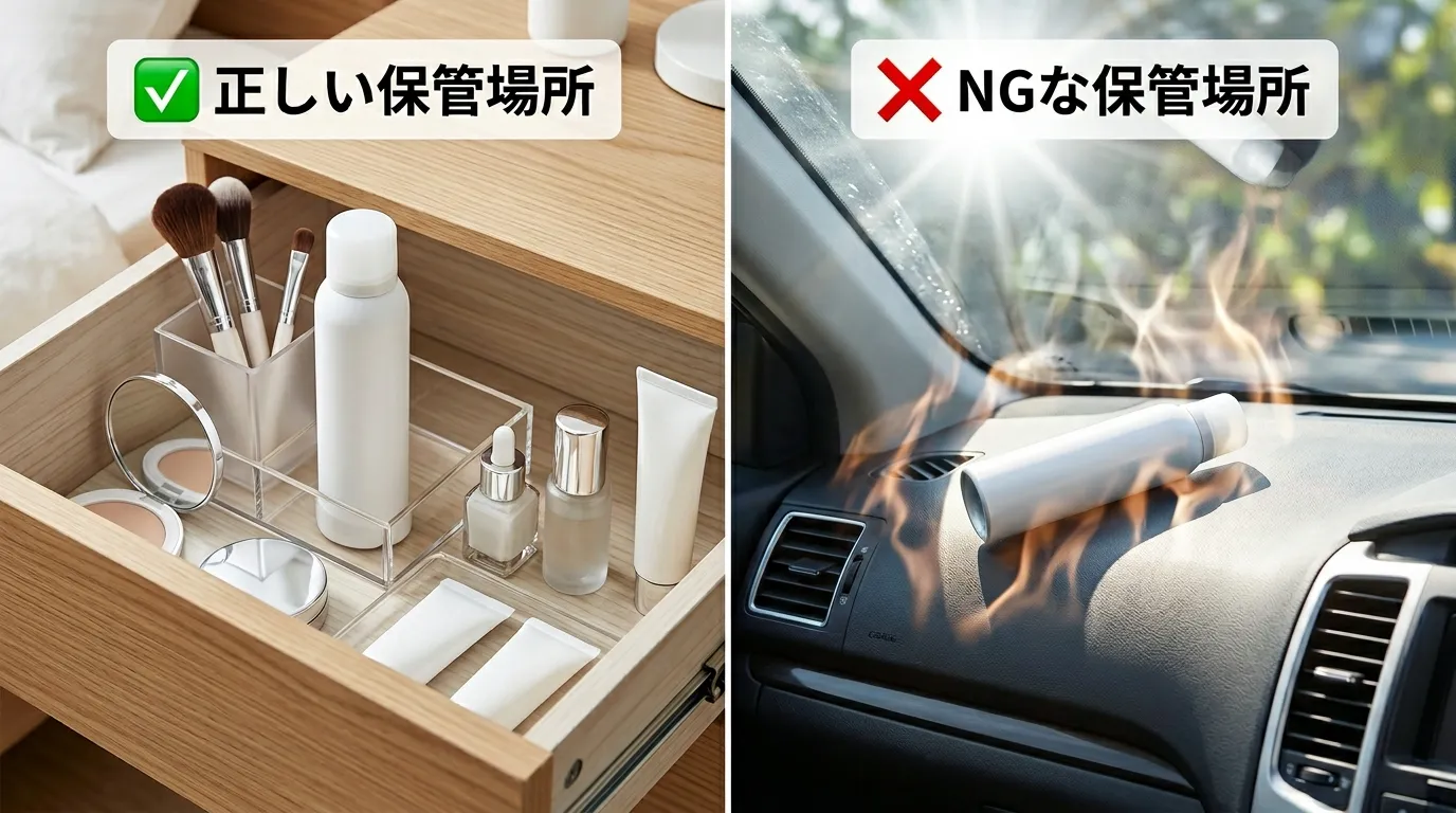 日焼け止めスプレーの正しい保管場所（冷暗所）とNGな保管場所（車内）の比較