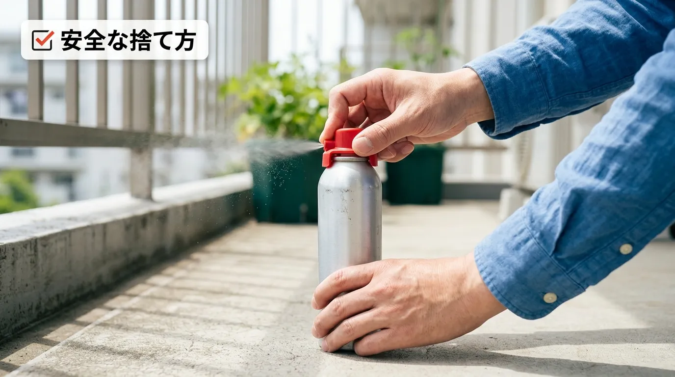 日焼け止めスプレー缶のガス抜きキャップを使い、安全にガスを抜いている手元