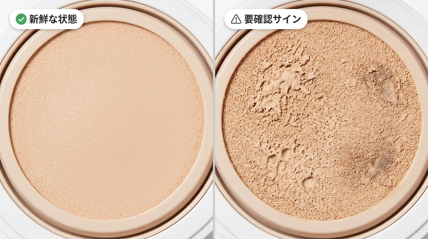 クッションファンデスポンジの正常状態と劣化サインの比較｜油水分離・乾燥・テクスチャー変化