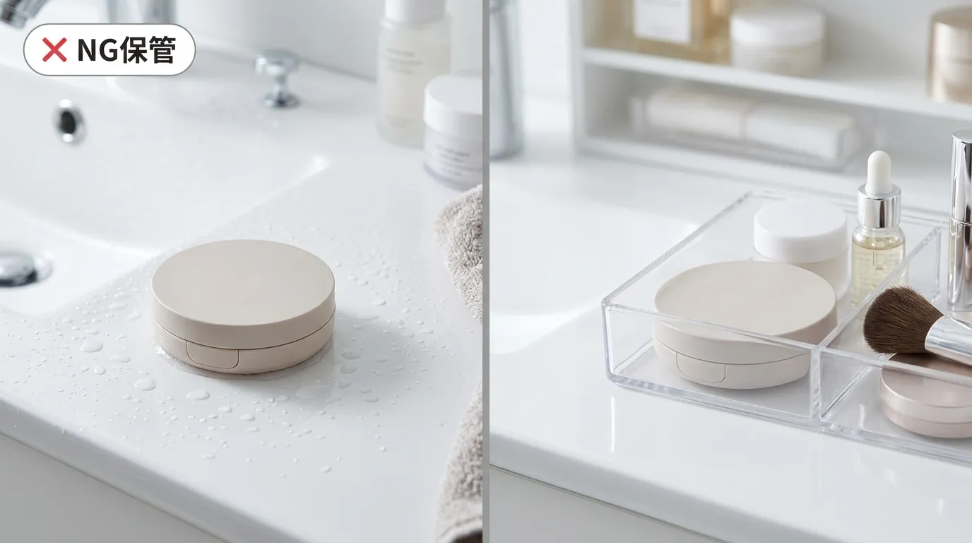 クッションファンデの保管場所NG（洗面台）とOK（引き出し）の比較｜湿気対策と正しい保管方法