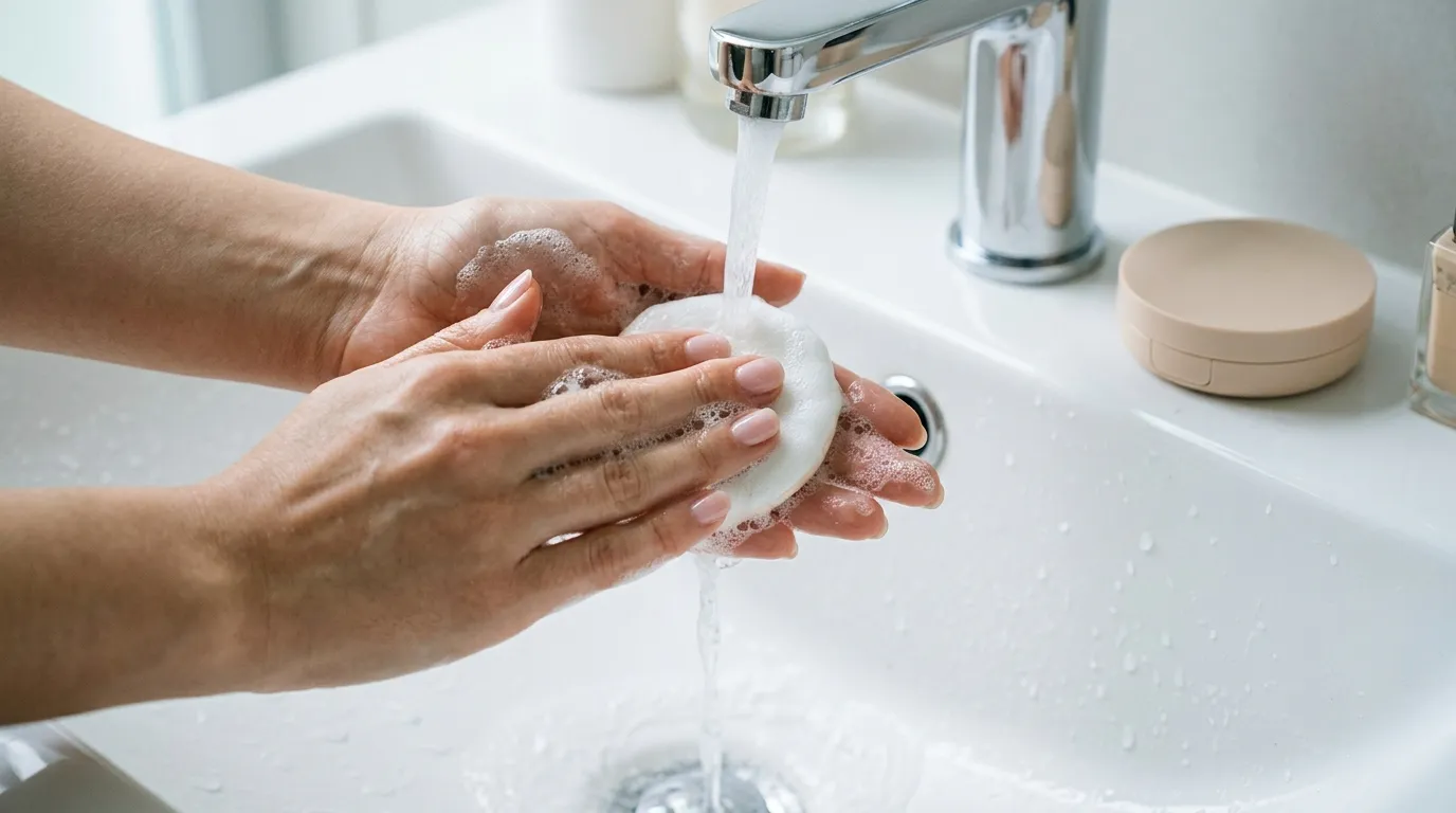 クッションファンデのパフを中性洗剤で揉み洗いしている手元｜週1回の洗浄で衛生的に使う方法