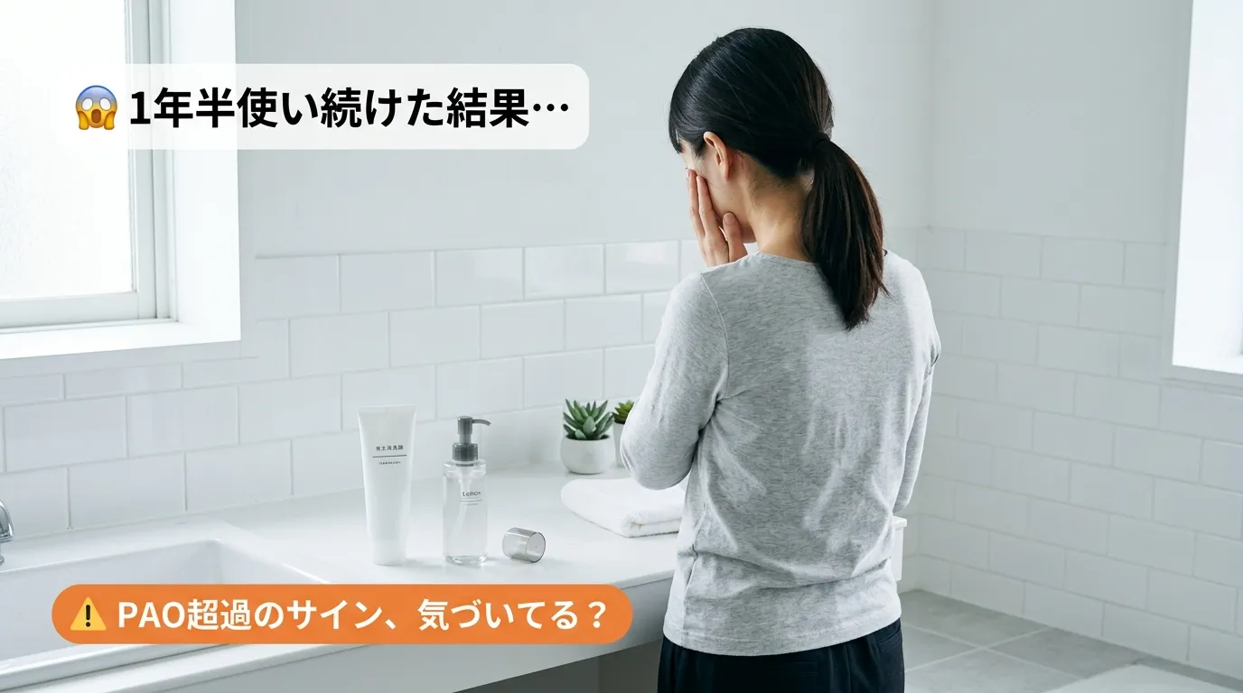 期限切れコスメを使い続けて肌荒れに気づいた女性の後ろ姿・共感シーン